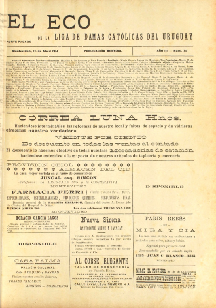 EL ECO (DE LA LIGA DE LAS DAMAS CATOLICAS DEL URUGUAY) del 15/05/1914